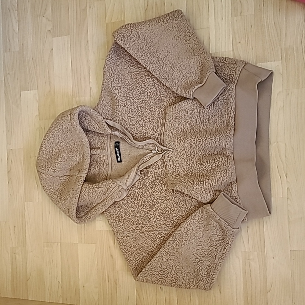 BLANK NYC Faux Sherpa Shearling 1/4 Zip Hoodie Teddy Tan Size S